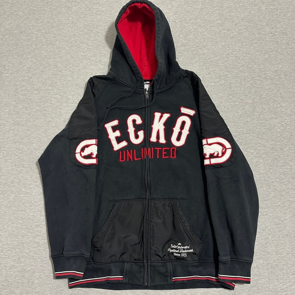 Y2K Ecko Unlimited Full Zip Hoodie Black Red Chenille Embroidered‎ Rhino XL